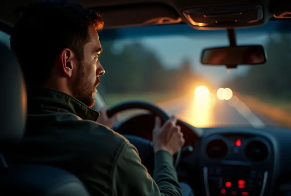 driver squinting at night due to intense headlight glare