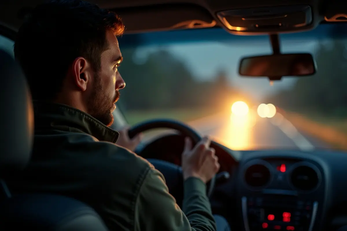 driver squinting at night due to intense headlight glare