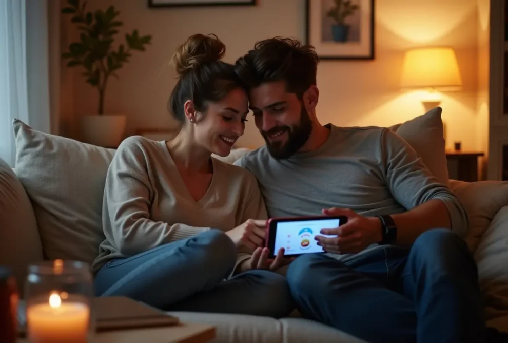couple exploring technology driven intimacy with app controlled devices