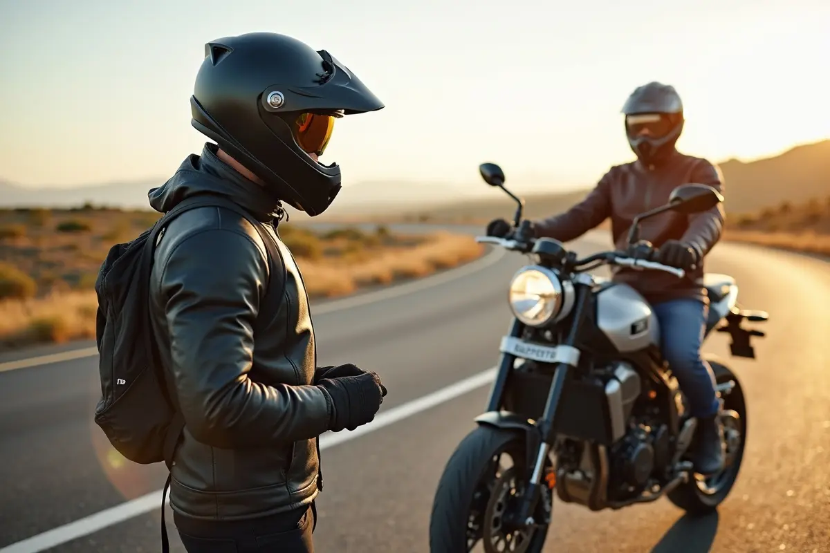 motorcyclist preparing for smooth comfortable journey with essential safety gear