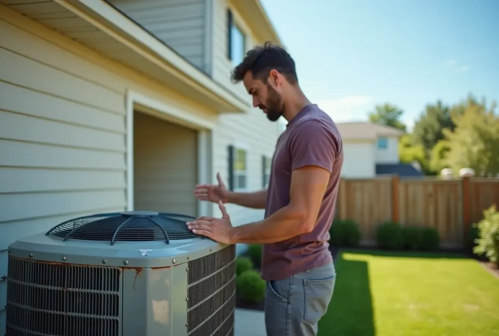 homeowner checking signs of broken air conditioner before summer