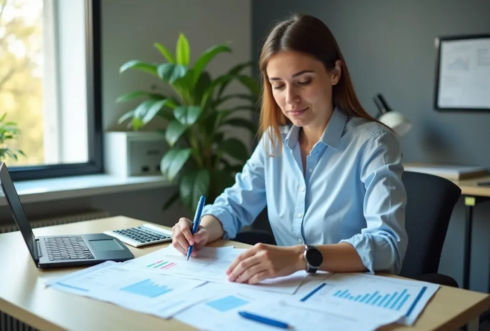 accountant reviewing financial statements while providing bookkeeping and accounting services