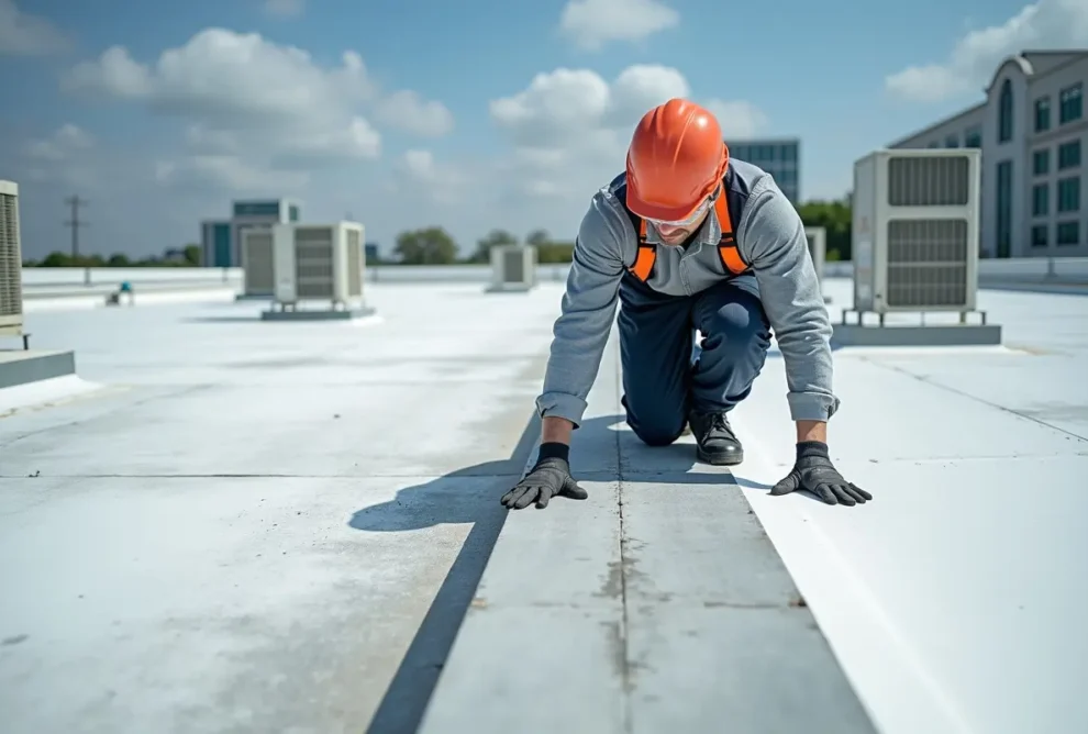 technician inspecting commercial roof for early damage and maintenance needs