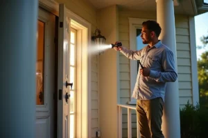 homeowner inspecting drafty front door causing hidden energy loss