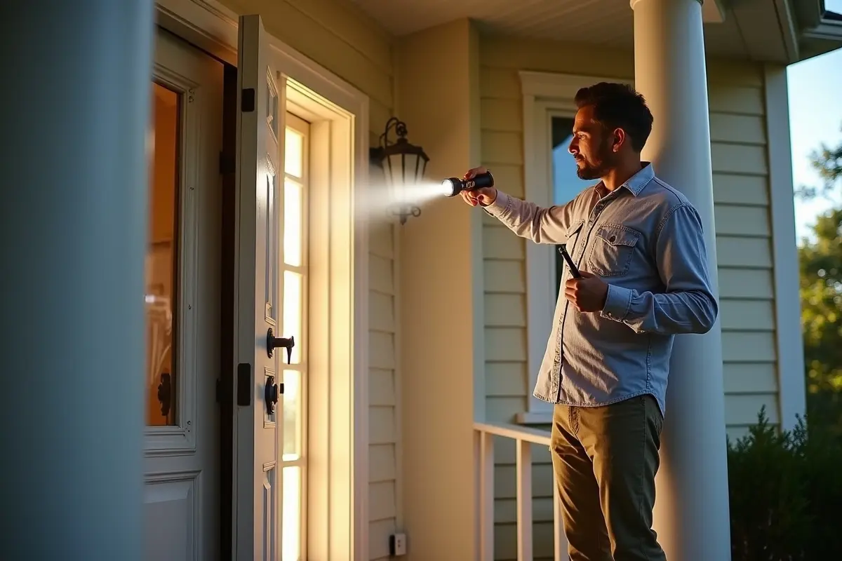 homeowner inspecting drafty front door causing hidden energy loss