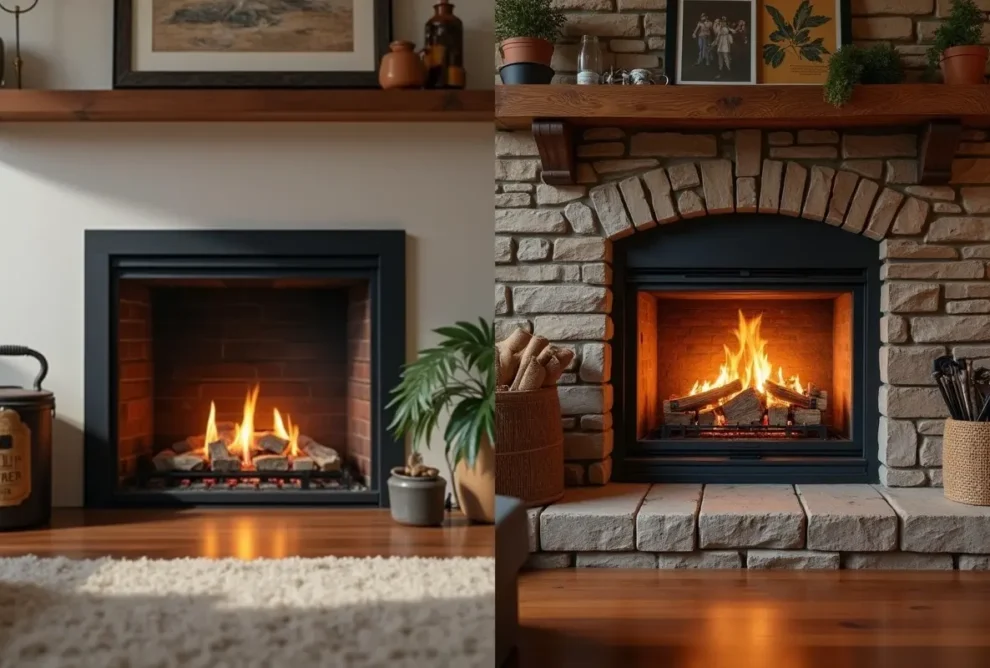 gas fireplace and wood fireplace side by side