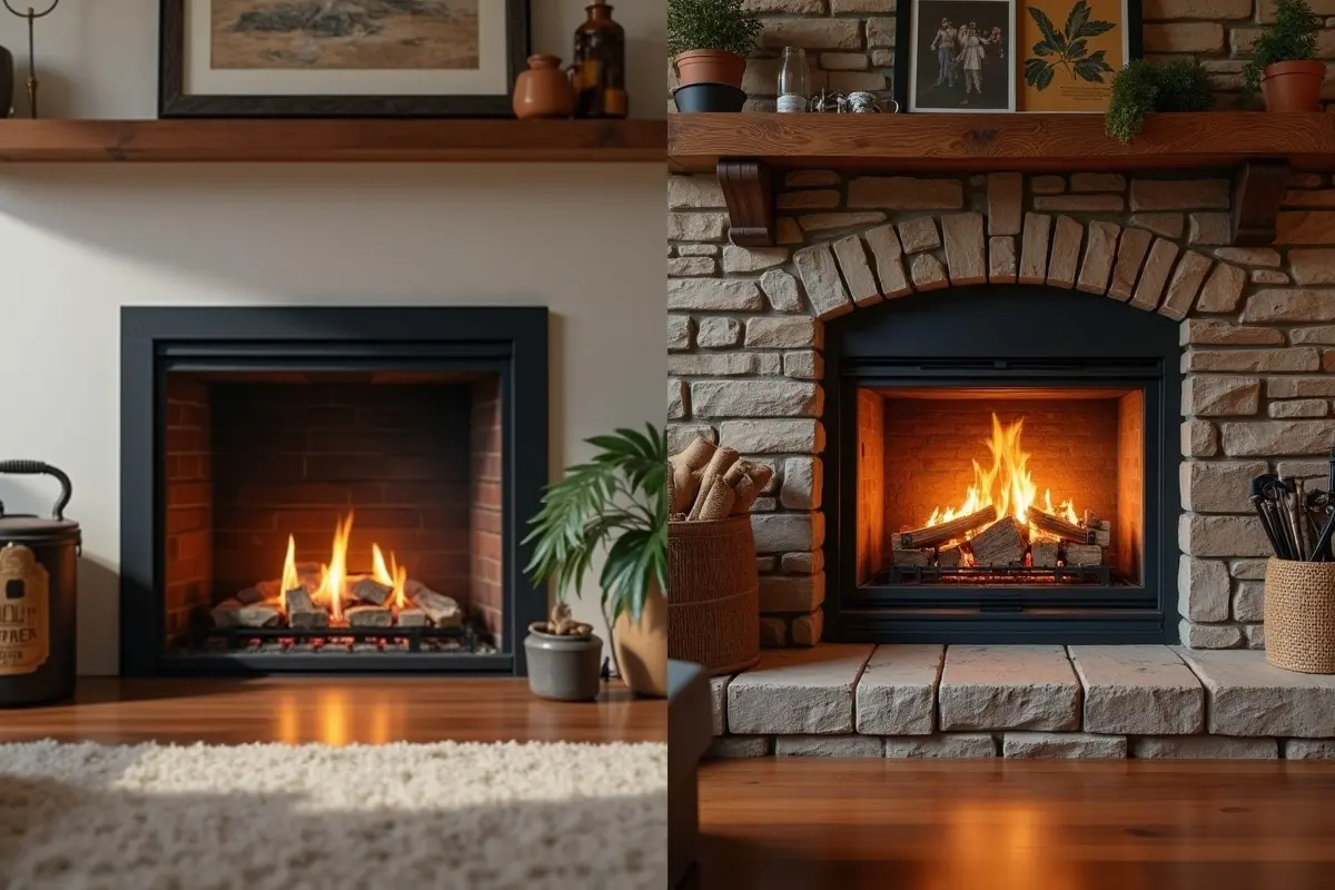 gas fireplace and wood fireplace side by side