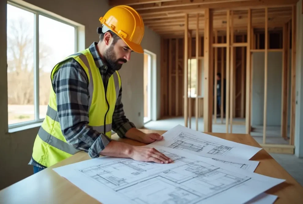 builder reviewing blueprints before constructing dream home