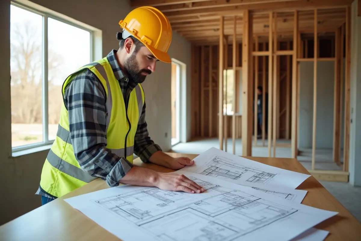 builder reviewing blueprints before constructing dream home