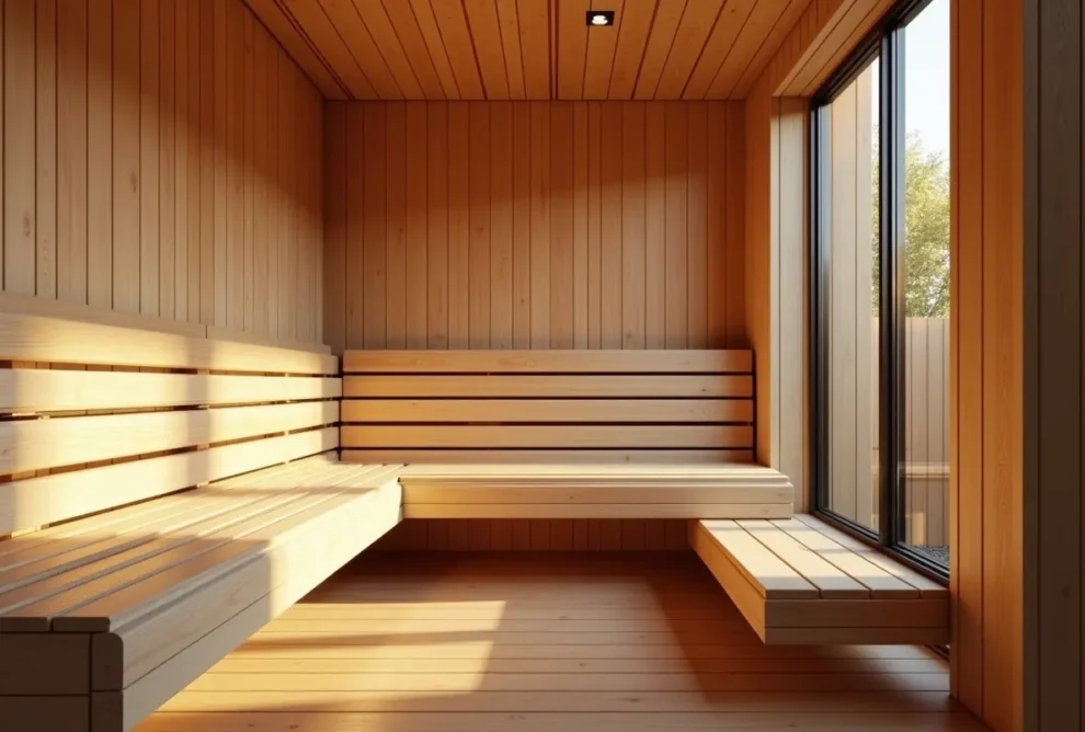 modern custom residential sauna interior with warm wooden design