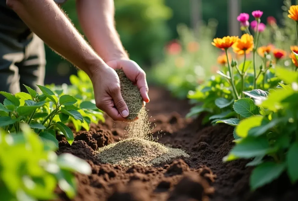 gardener applying organic fertilizer for healthy year round plant growth
