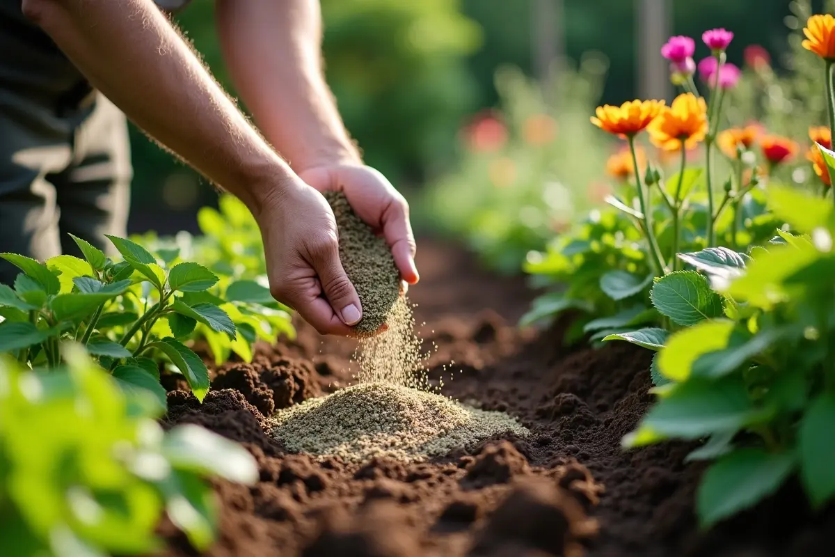 gardener applying organic fertilizer for healthy year round plant growth