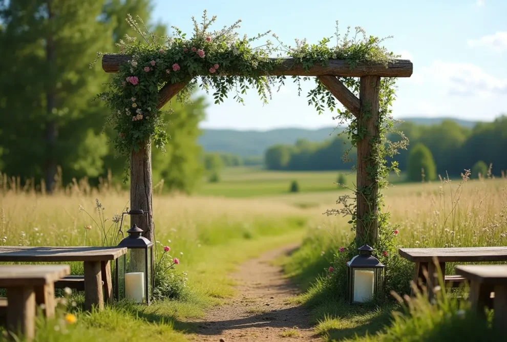 rustic outdoor wedding decorated with natural elements