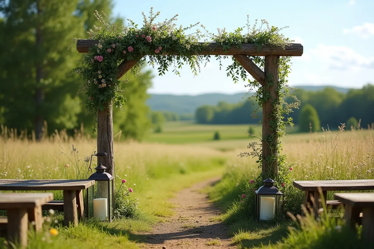 rustic outdoor wedding decorated with natural elements