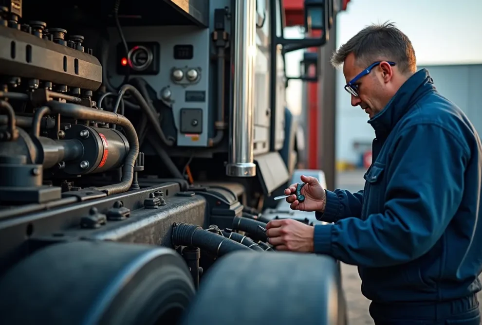 technician servicing truck hydraulic system components