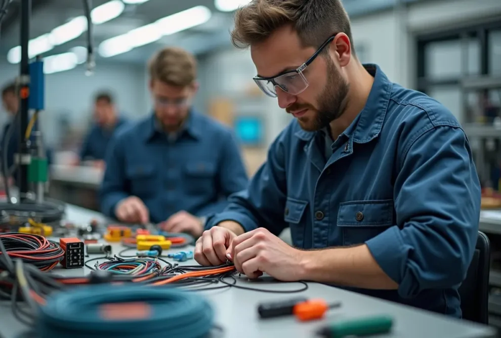 engineer assembling cable wiring harness components