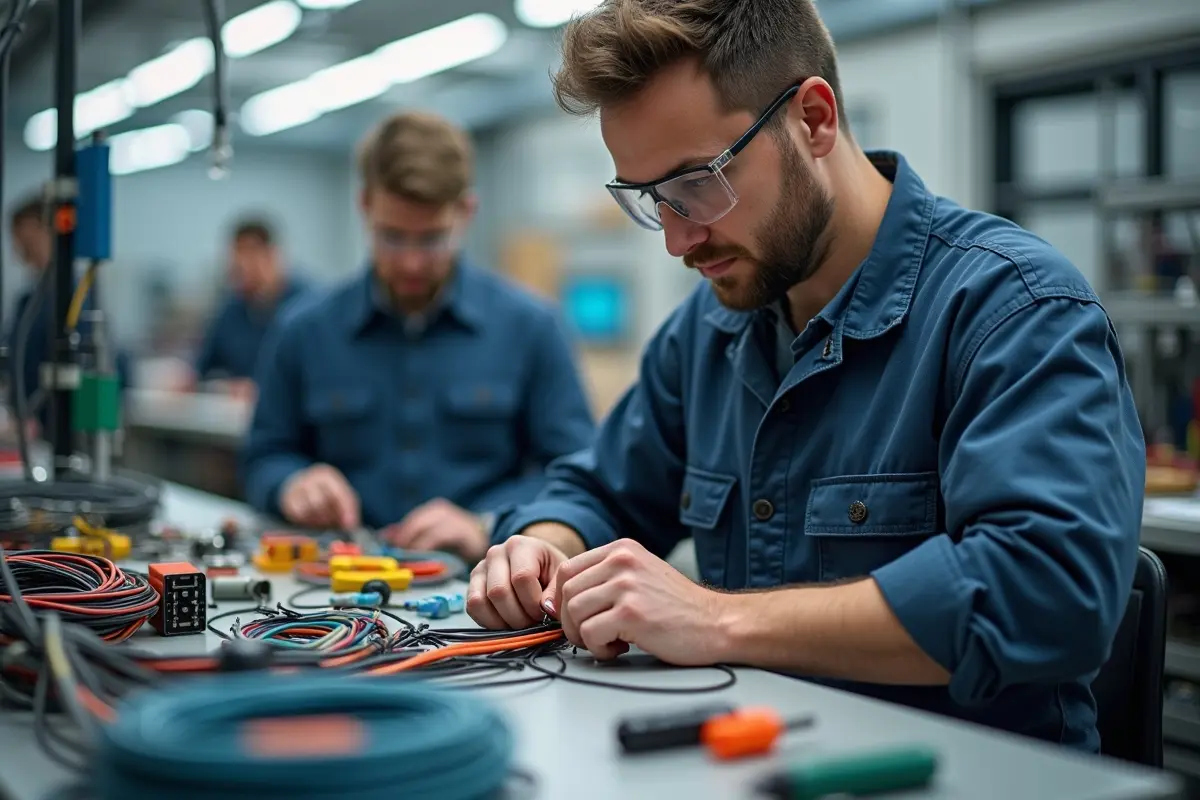 engineer assembling cable wiring harness components