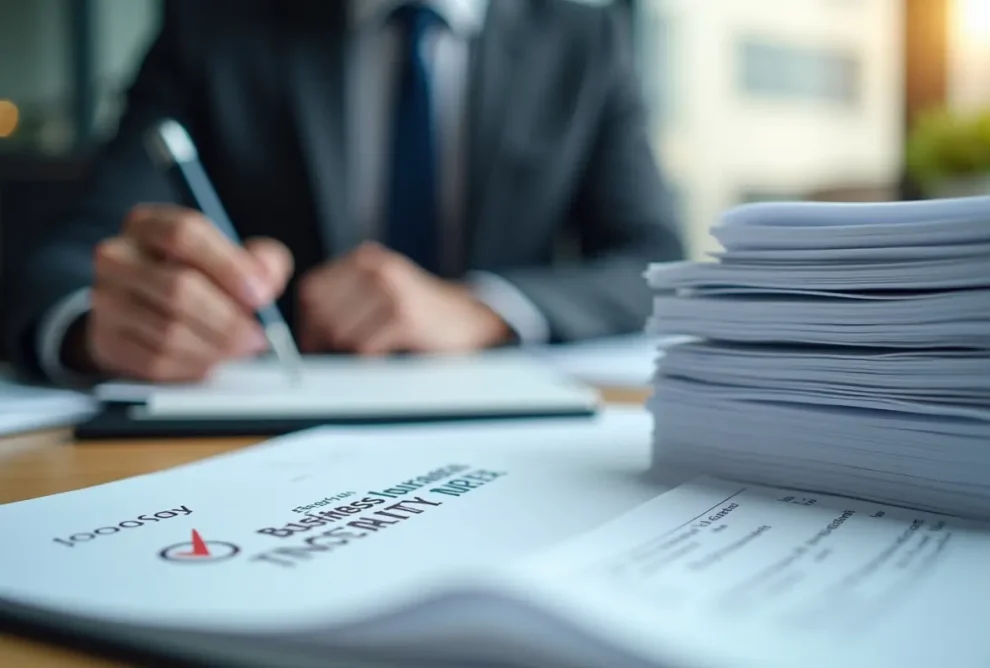 business manager organizing important business insurance documents for compliance