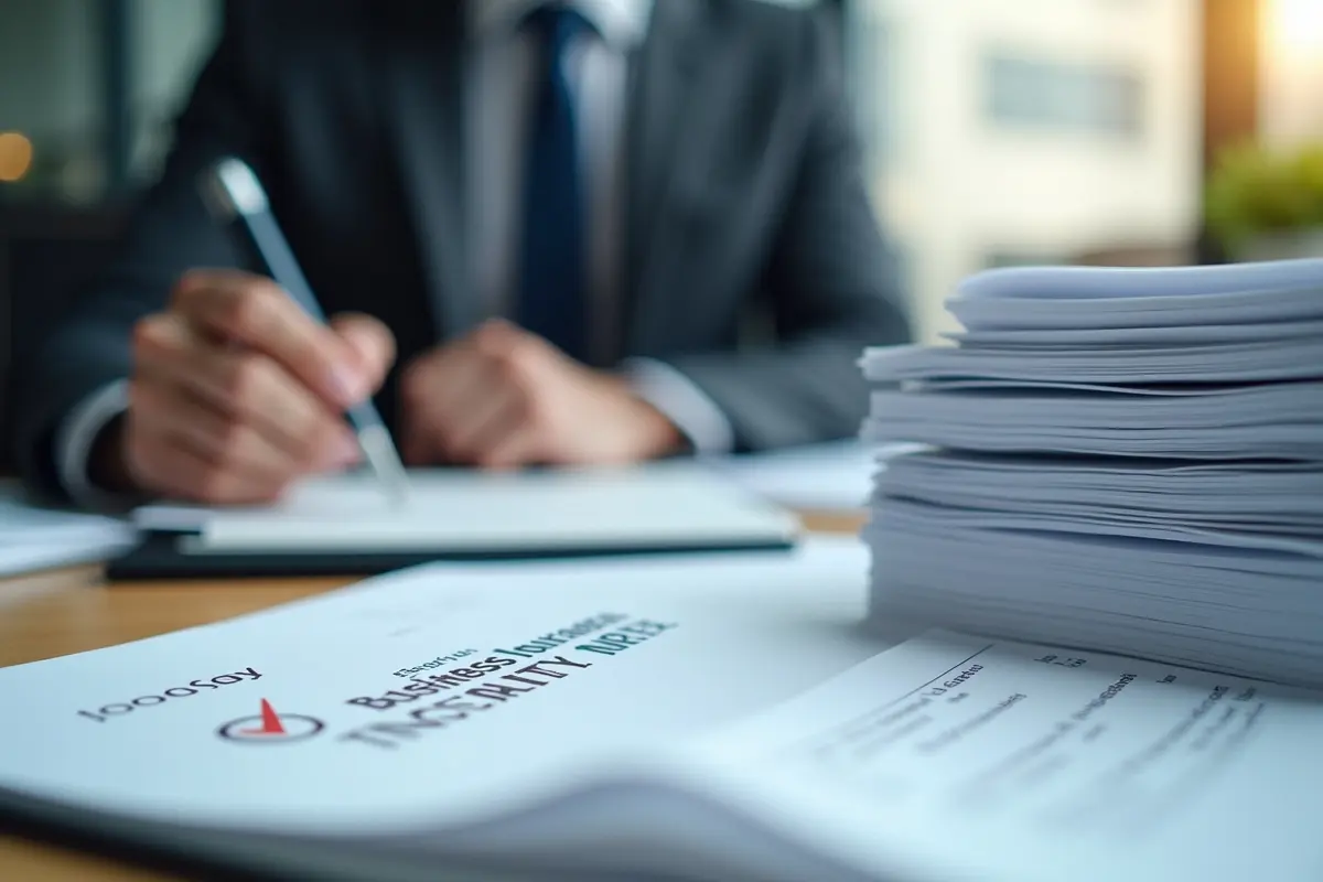 business manager organizing important business insurance documents for compliance
