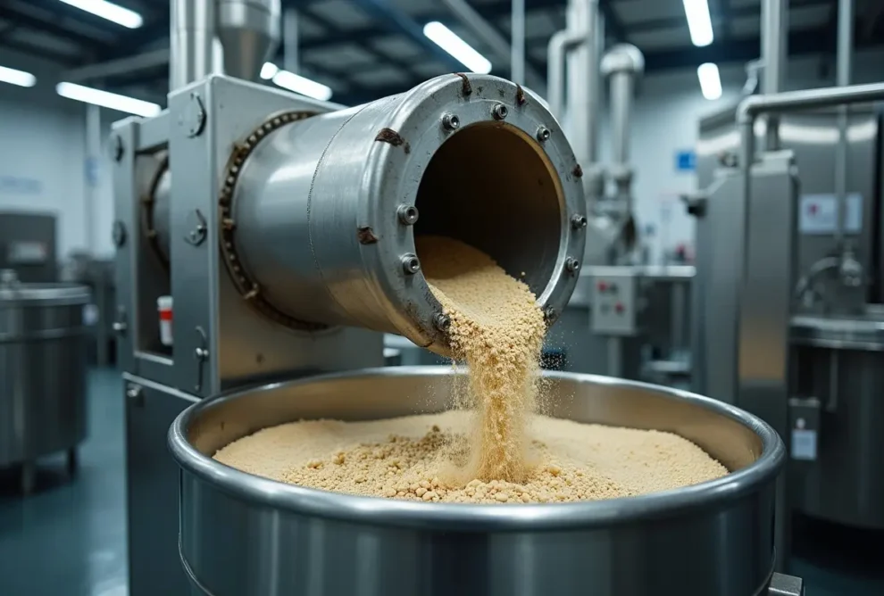 rotary drum blender mixing materials evenly in industrial production setting